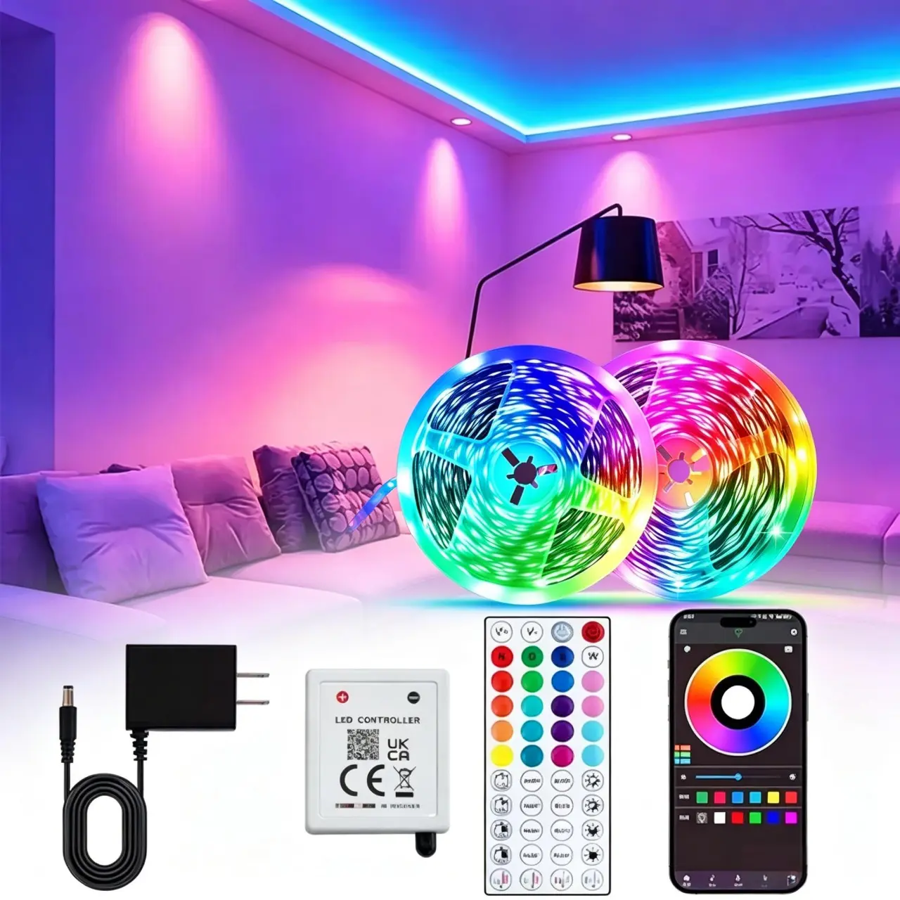 2Pcs 50FT WiFi Smart LED Strip Lights - RGB Gradient Dimmable Music Sync, App/Remote Control, Time Setting Sensory Lights for Home Bedroom Decor, Programmable Multicolor Indoor Use Lighting