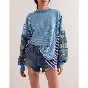 Women's Pinstriped Color Block Sweatshirt Floral Patchwork Long Sleeve Crewneck Oversized Pullover Top