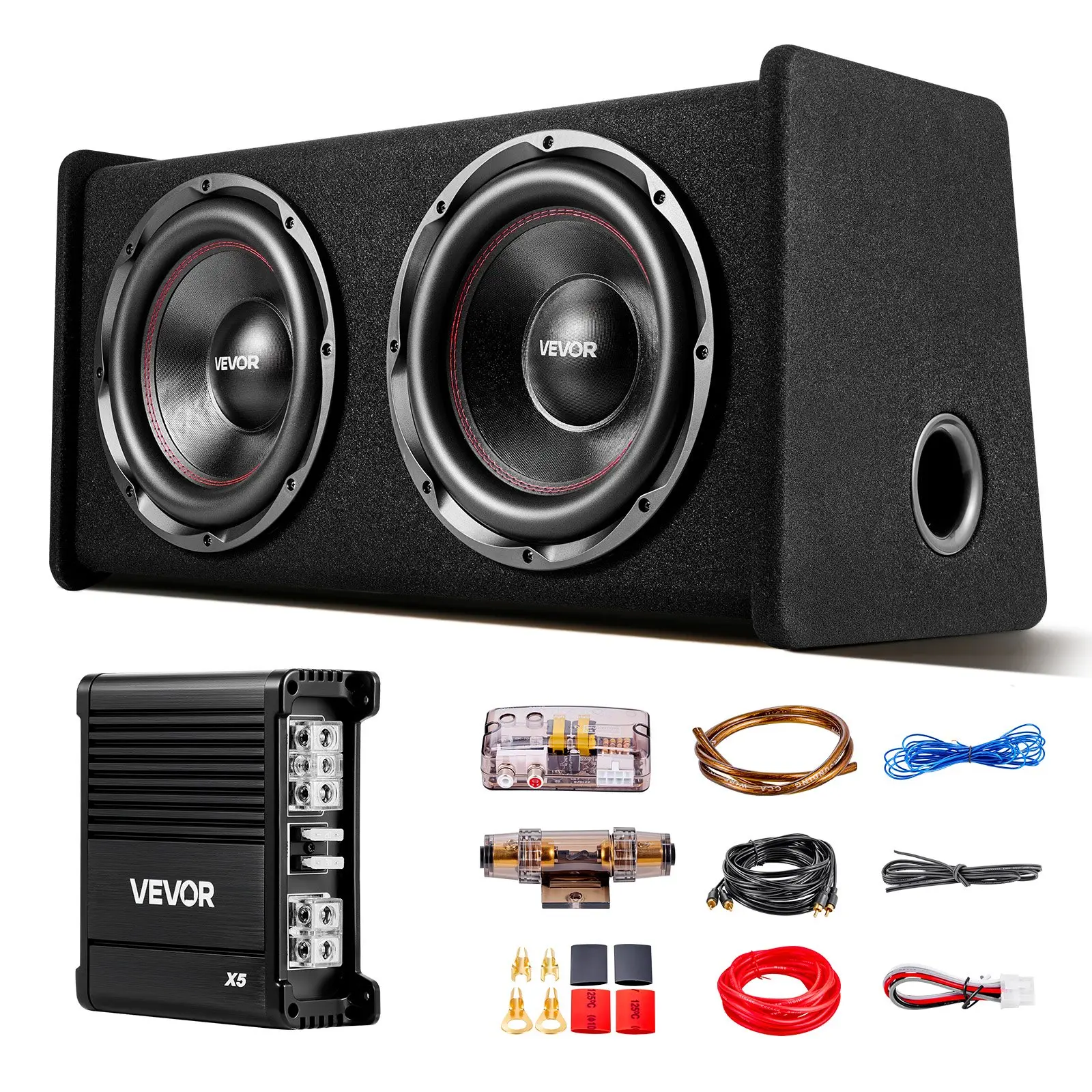 VEVOR Dual 12" Bass Car Audio Subwoofer & Amp Package, 490W RMS Loaded Box Kit, Separate Amplifier, Wiring Kit, RCA/Head Unit Compatible, Low End Lift, Heat Dissipates, Fits Vehicle Trunks, for Movies, Car Audio Systems