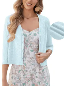 VIISHOW Women's Cropped V-Neck Knit Cardigan Button Lightweight Soft Hollowed-Out Textured Shrug Knitwear
