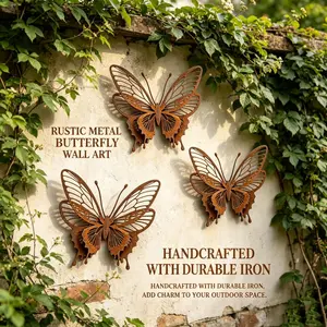 3 Piece Set 3D Vintage Rust Metal Butterfly Sculpture, Garden Outdoor Decor, Patio Art, Insect Theme, Holiday Gift, Unique Natural Style