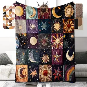 Star & Moon Pattern Patchwork Throw Blanket, Cartoon Pattern Blanket, Soft Comfortable Warm Napping Blanket, Cool Bedroom Bedding Blankets for Home Office Sofa