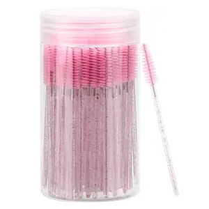 100 Pcs Disposable Mascara Wands, Crystal Eyebrow Spoolies Brush for Eyelash Extensions, Pink Lash Brushes with Container