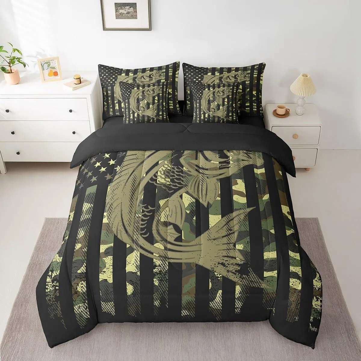 Camo American Flag Comforter Set with Sheets Pike Bass Fish Fishing 7 Piece Bedding Set Retro Army Green Camouflage Bed in a Bag Soft Microfiber