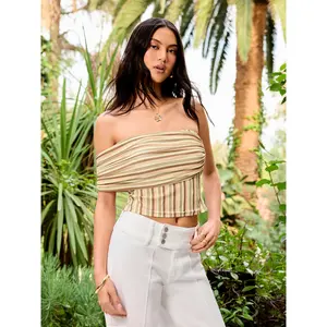 Cider Striped Off-Shoulder Ruched Short Sleeve Top SummerWins Dealsforyou