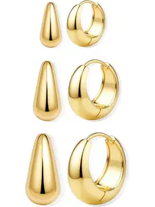 3Pairs 14K Gold Plated Hoop Earrings Set for Women Chunky Earring Silver Plated Hypoallergenic Small Huggie Hoops Lightweight Tiny Thick Trendy Hoop Earrings Stacks for Multiple Piercing Mothers Day Gift  For Mother Hoop Earring Sets Hoop Shape Earrings