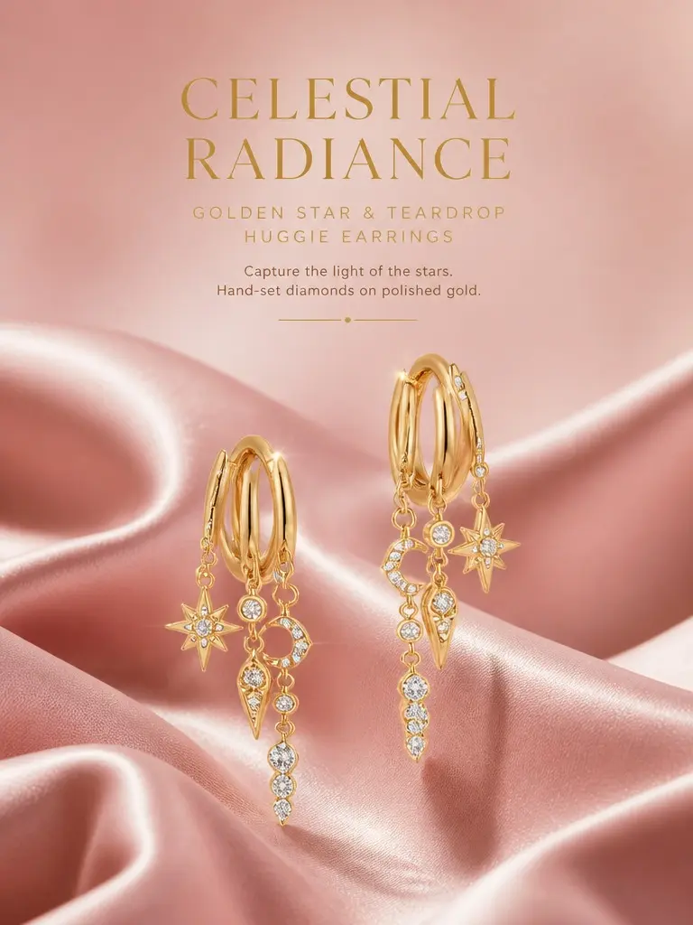 Women's Gold-Plated Earrings Gold Hoops Set - Celestial Aesthetic Dangle Charms Drop Earrings with Cubic Zirconia, Hypoallergenic, Lightweight, Concerts, Gold Statement Earrings