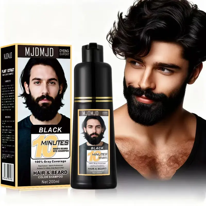 MJDMJD Men's 3-in-1 Black Beard & Hair Dye Shampoo with Argan Oil - 10-Min Instant Grey Darkening, Nourishing Plant Extracts, Restores Healthy Facial Hair, Simplifies Beard Maintenance, Blends Mustache Color, Gray Hair Darken Semi-Permanent Color, Conditi