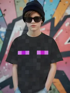 Boys' Enderman Full-Print Pixel T-Shirt, Graphic Tee, Eye Iconic Design, Streetwear Trendy Kids Clothing, Slim-Fitting Casual Style