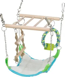 Small Animal Suspension Bridge with Hammock, Rope Ladder, and Ring, Cage Accessory for Ferrets, Rats