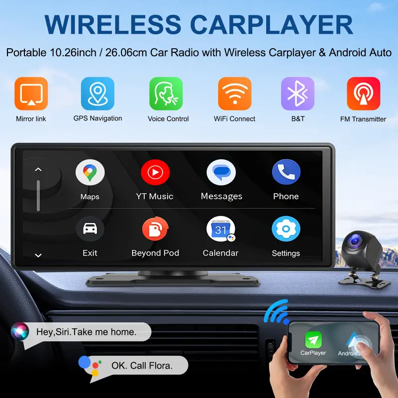 10.3-inch Portable Wireless Carplay Car Reversing Camera, Supports Carplay/Android Auto, With Voice Control, 2.5D IPS Touch Screen, Mirror Link Airplay WIFI/FM Synchronization, Supports Reversing Camera, Siri/Google/Yandex, Remote Control