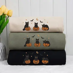 Embroidered Black Cat Halloween Sweatshirt, Black Cat and Bats and Pumpkin Halloween Sweatshirt, Pumpkin Fall Crewneck, Spooky Season Autumn Sweater, Cat Lover Gift