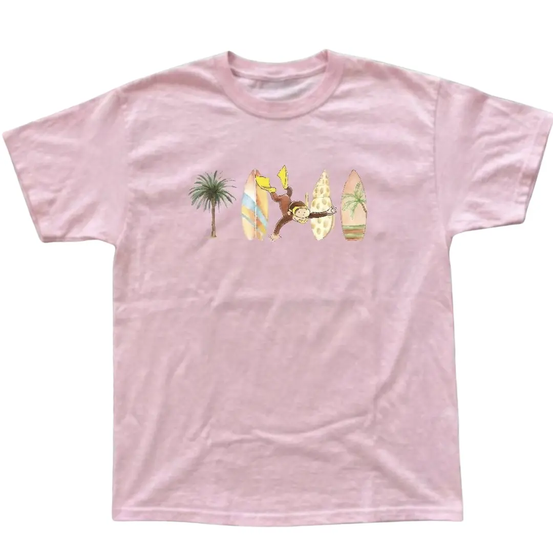 Curious George Monkey Surf Cute T-Shirt, Animal Tee, Cartoon Tshirt, Gifts Shirt, Unisex Vintage Graphic Tees Gothic Grunge Y2k Emo Scene Amity Affliction Style Clothes Men Women Streetwear Summer Beachwear