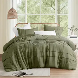Olive Green Full Size Comforter - 3 Pintuck Pleated Sets, Lightweight, Extra Softness Pre-Washed Microfiber, Shams