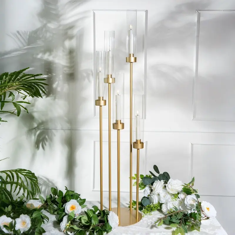VINCIGANT 39.37in 5 Arm Candle Holder for Wedding Table Candelabra with Acrylic Lampshade for Birthday Party Home Decoration Halloween Christmas Day