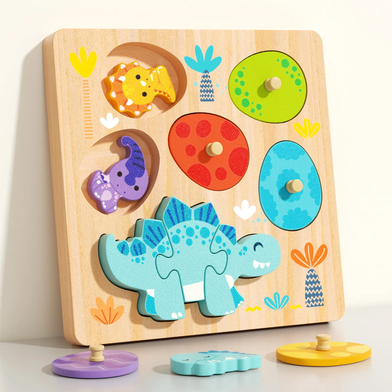 Edutree Dinosaur Matching Eggs Peg Puzzles, Wooden Toddler peg Puzzle for 2-4, Preschool Learning Educational Montessori Toys for 2 3 4 Year Old Boys Girls, Easter gift, Mother's Day