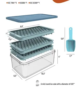Ice Cube Tray, Round Ice Trays for Freezer with Lid and Bin, Circle Ice Mold Making 66 x 1.0IN Small Ice Balls,Sphere Ice Makers with Ice Buckets Tongs & Scoop (Blue) Kitchen Utensils