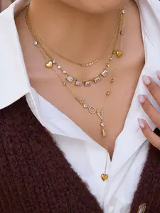 Classic 18K Gold Plated Big White Square Zircon Chain Necklace For Women Stainless Steel Round Rhinestone Jewelry Layered Necklaces