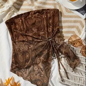 Autumn top - brown y2k inspired paisley printed asymmetrical strapless mesh top with ties.