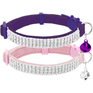 EXPAWLORER Soft Velvet Safe Cat Collars for Girl Cats -2 Pack Rhinestones Bling Diamante Adjustable Collars - Cat Collar Breakaway with Bells for Boy Cats Kitty and Small Dogs