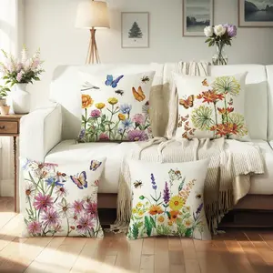 4-Piece Set Summer Spring Pillow Covers, Floral Butterfly Farmhouse Pillows, Sofa Outdoor Patio, 16x16/18x18/20x20 Inches