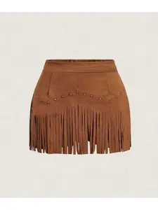 Women's Vintage Hippie Casual Rivet Tassel Suede A-Line Skirt, Autumn Fashion Set, Nashville Style Pirate Dress [summer] Street Fashion Skirt