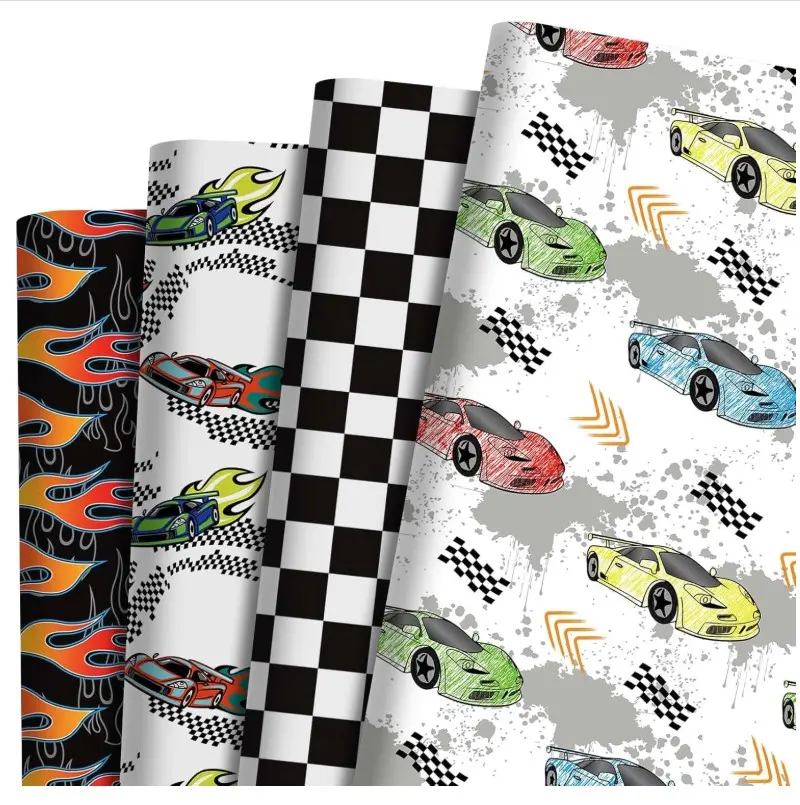 12 Sheets Racing Car Wrapping Paper Black White Checkered Flags Hot Wheels Racing Car Gift Wrap Paper for Birthday Party Baby Shower DIY Craft, 27.6 × 19.7 Inches, 4 Patterns