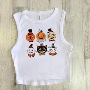 Retro Halloween Crop Tank, Pumpkin Cat Ghost, Old Style Horror Top, Womens Spooky Crop, Trick or Treat Tee, Gift for Her, Halloween Party