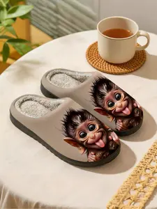 Funny Monkey Plush Slippers, Cute Geometric Print, Warm Fleece Lining, Soft Sole, Winter Home Shoes for Animal Lovers, House Slippers