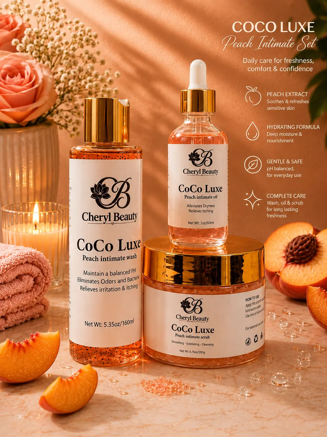 CoCo Luxe Peach Intimate Care Set – Wash, Scrub & Oil – 3 Piece Set