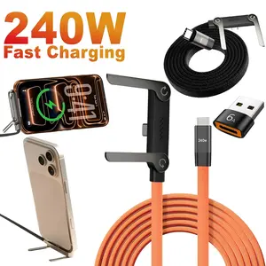 240W 2-in-1 Super-Fast Charging Data Cable with Foldable Phone Stand, Compatible with iPhone 15-17 & Android, USB-C Braided 360° Rotating Charger Cable