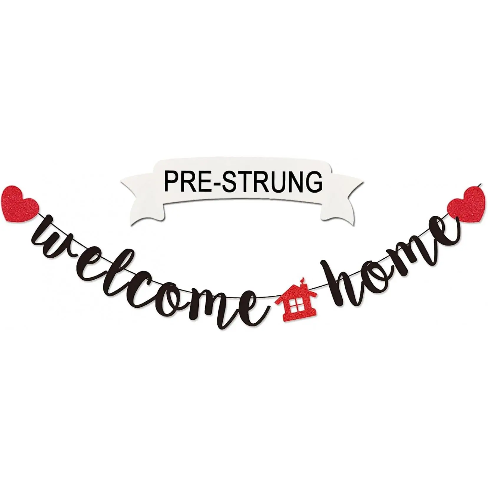 Black Welcome Home Banner - Glitter Welcome Decoration for Housewarming, Military Homecomings, Family Celebrations - 8 ft