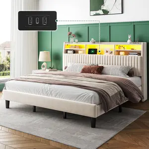 Raybee Luxury Bed Frame with Bookcase on Velvet Upholstered Headboard, LED Bed Frame for Queen/Full/King with Power Outlet, Modern French Platform Bed Frame, No Box Spring, No Noise, Holds 700-1000 LBS for Teens Dorms, Apartment, Guests Room,