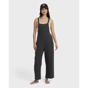 Billabong Pacific Time Overalls - Black Sands, 100% Cotton, Adjustable Back Straps & Patch Pockets, Casual Summer Beach Overalls for Women