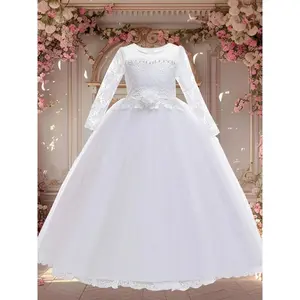 Girl's Floral Lace Faux Pearls & Bow Decor Tulle Satin Dress, Elegant High Waist Long Sleeve Party Dress For Prom Cocktail, Kids Dressy Partywear