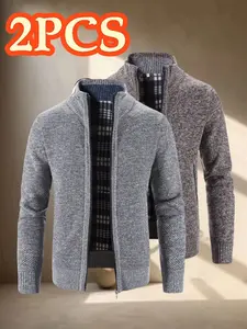 Men's Two-Piece Zipper Knit Cardigan Sweater, Stand Collar Plaid Lining Warm Jacket, Casual Business Outerwear, Comfortable and Stylish