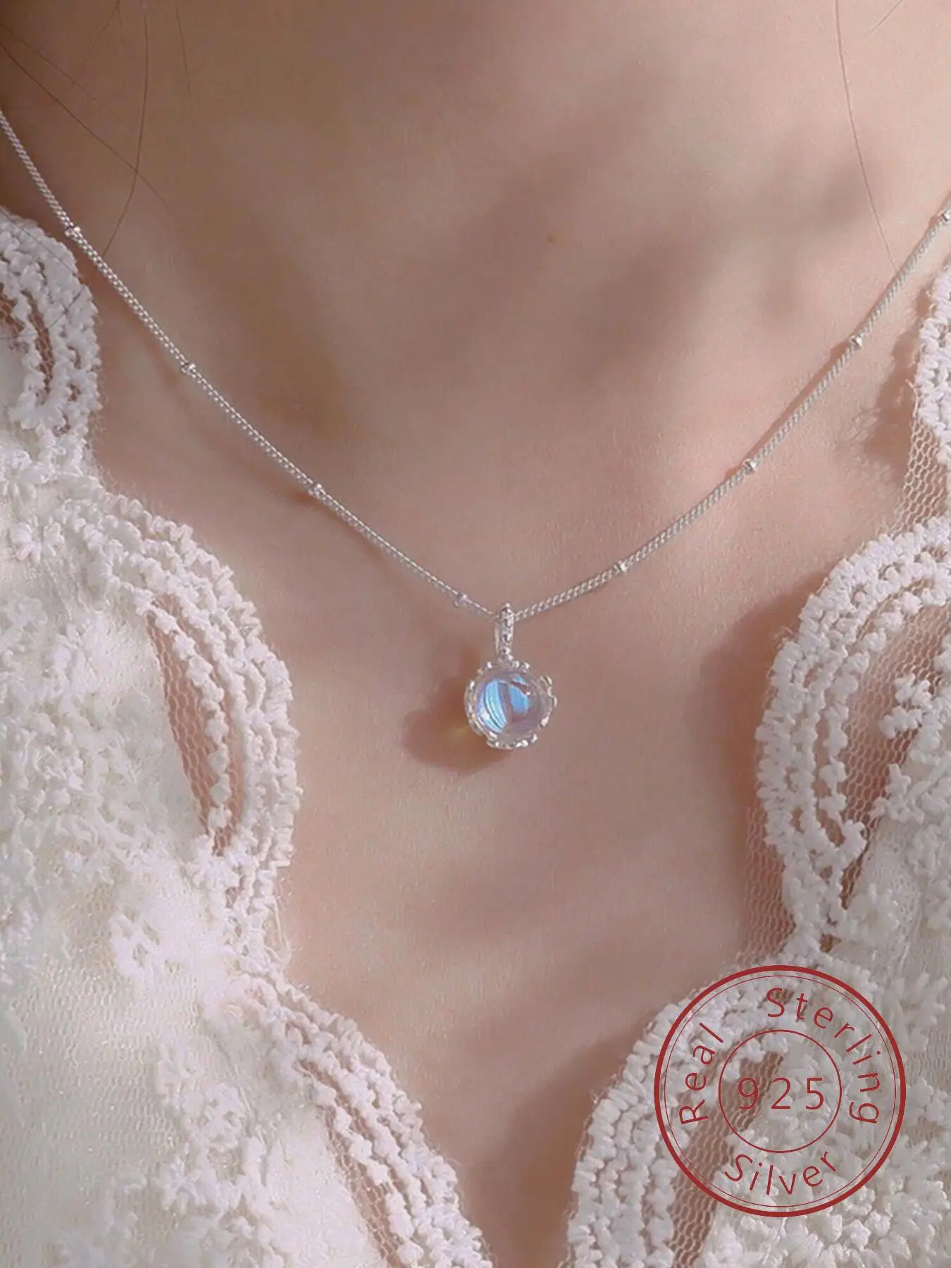 S925 Sterling Silver Moonstone Decor Pendant Necklace for Women, Elegant All-match Jewelry for Girls Gift, Female Classic Fashion Accessories for Dail