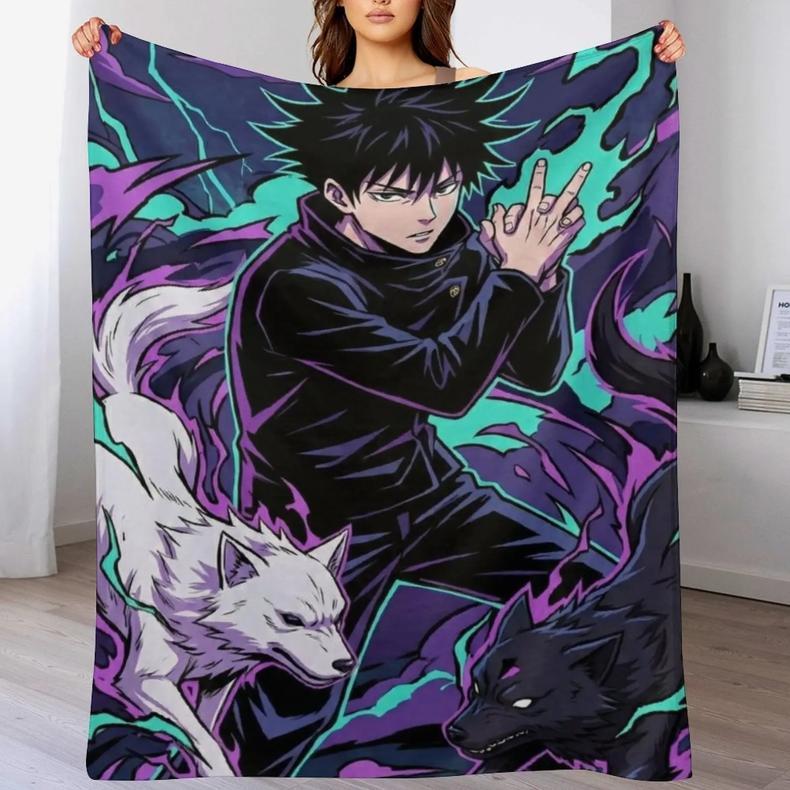 Jujutsu Kaisen Inspired Megumi Fushiguro Soft Flannel Warm Throw Blanket - Black-Purple Flame Home Decor, Cozy Cartoon Art for Anime & Manga Fans, Indoor/Outdoor Use