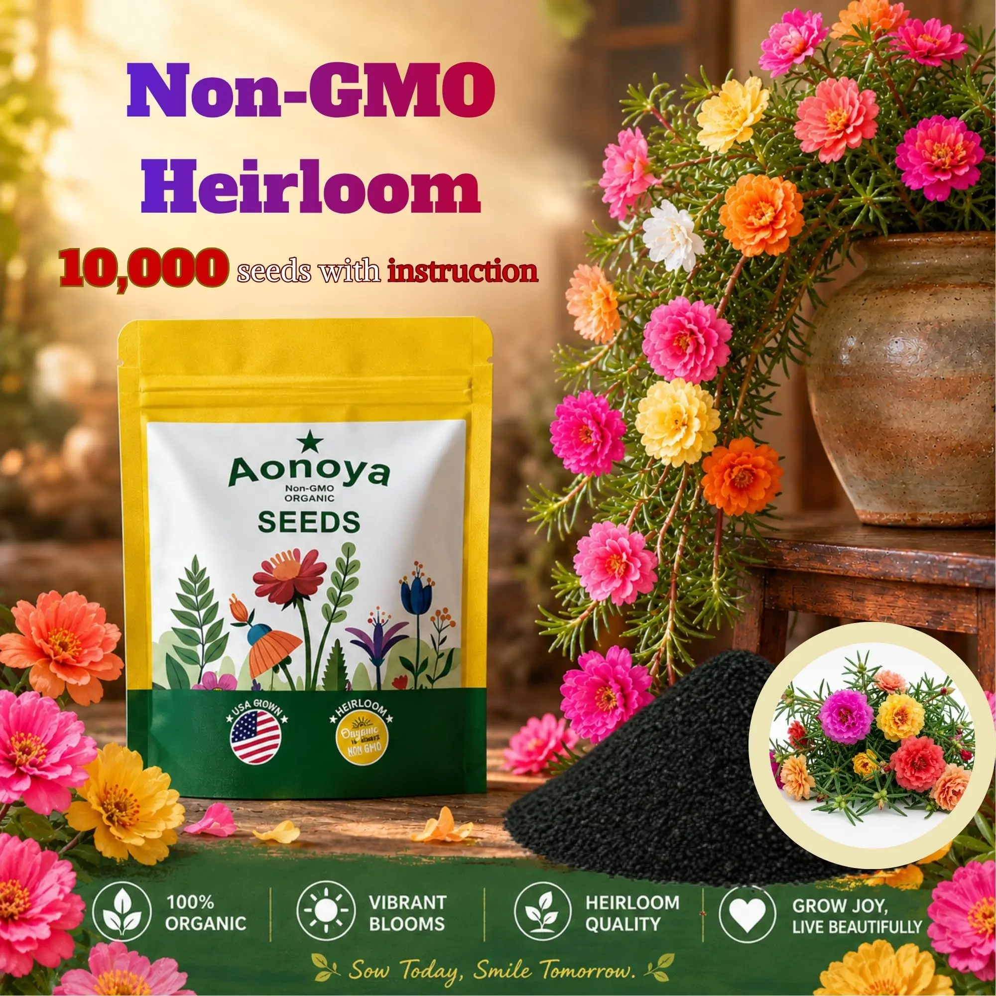 10,000 Portulaca Seeds - Double-flowered Moss Rose Annual Perennial Flower Seeds for Planting Outdoors Non GMO Mixed Colors Large Blooms Attract Pollinators,Heat-tolerant flowers that bloom beautifully throughout the summer season.