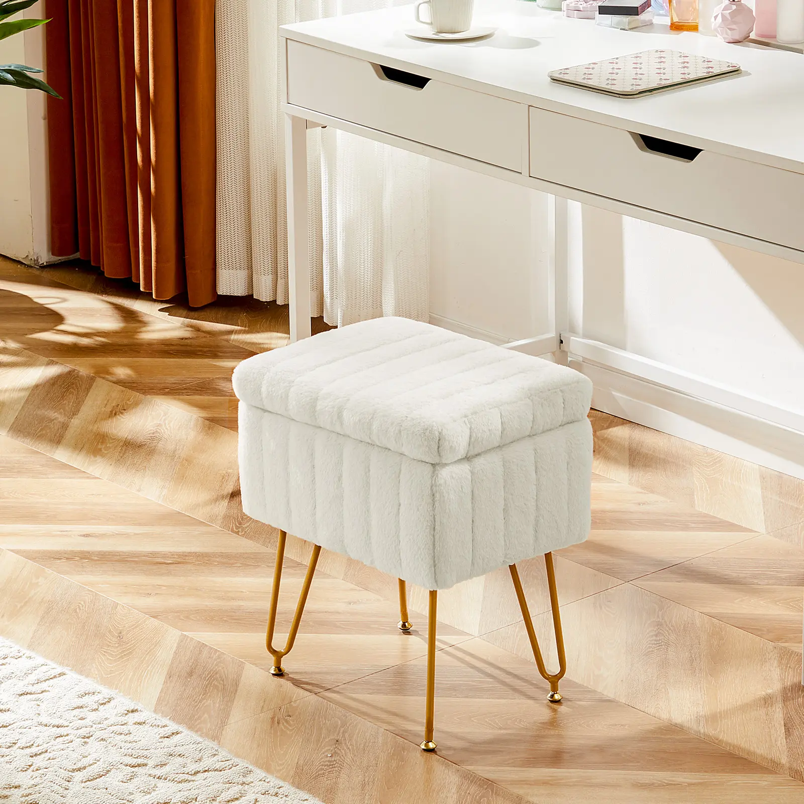 Short Backless Glam Faux Fur Upholstered Cushion Stool with Storage - Modern Ottoman Makeup Footstool, Indoor Furniture for Home Bedroom Bathroom