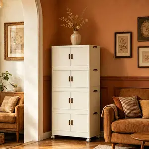 4 Tier Large Foldable Storage Cabinet with Wheels, Stackable Organizer Box for Kitchen Bathroom Bedroom Garage drawer clear toiletry