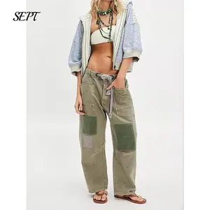 Baggy Barrel Jeans Women Drawstring Low Rise Wide Leg Boyfriend Patchwork Jeans Casual Cropped Denim Pants For Fall Winter Womenswear