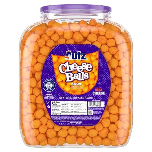 Crunchy Cheddar Flavor Poppable Snack Balls Barrel, 36.5oz Shelf-Stable Ambient Ready-to-Eat Baked Party Snack, Gluten-, Cholesterol-, Trans-Fat-Free, Kosher Certified, Sunflower & Corn Meal Base, Suitable for All Ages