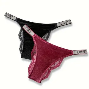 Lace Stitching Thongs, Soft & Comfy Letter Rhinestone Panties, Women's Lingerie & Underwear