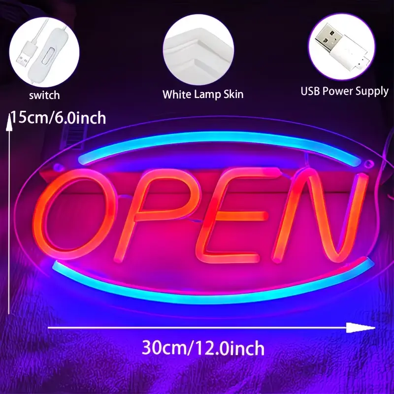 Open LED Neon Sign - Wall-Mounted, USB-Powered, Blue-Red, Switch-Controlled, High-Brightness, Illuminated, Letter-Shaped, Light-Up Artwork Novelty Lighting for Shops, Bars, High-Brightness Novelty Lighting summerwins, Illuminated Logo Lights, Led Decorati