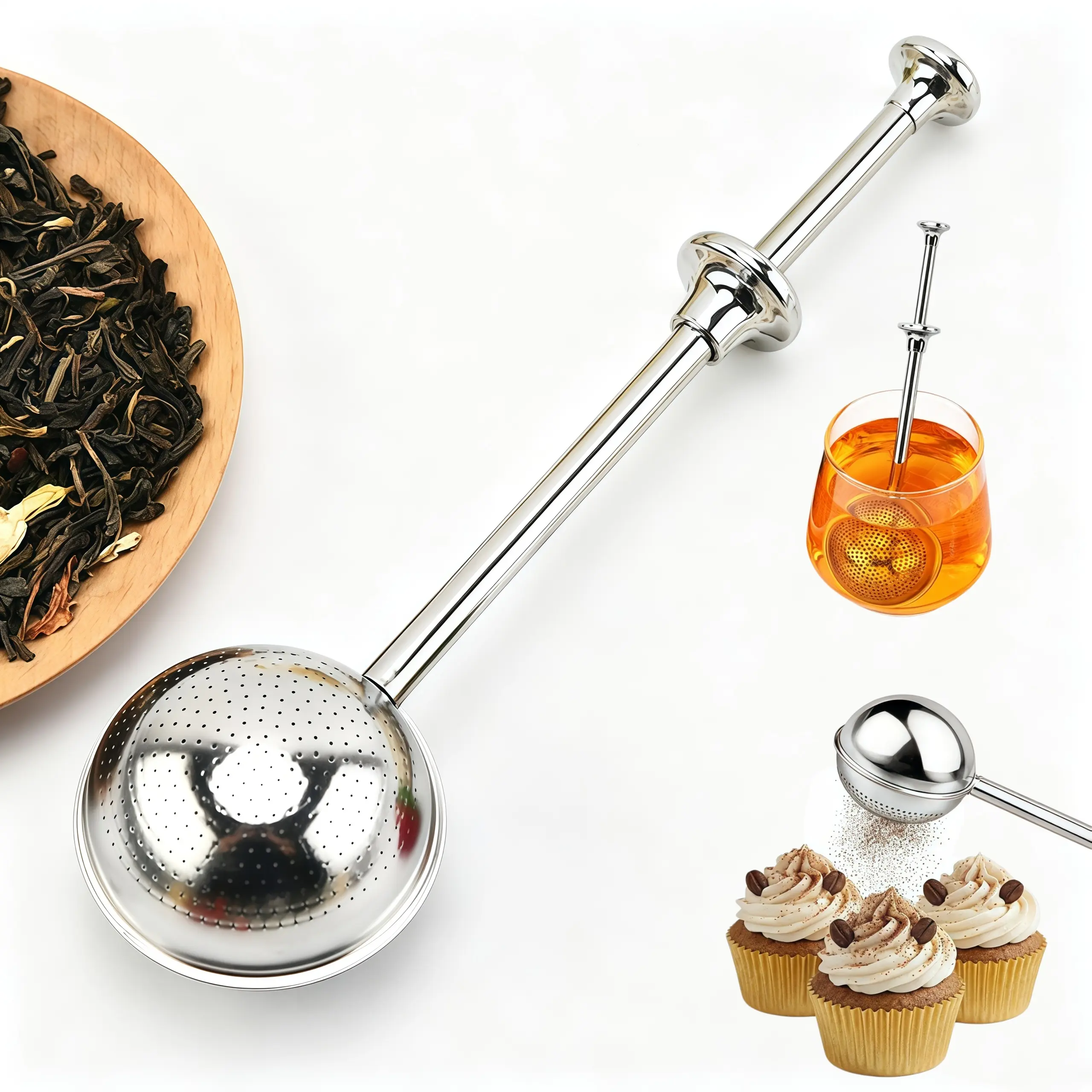 304 Stainless Steel Press Tea Infuser Multifunctional Powder Sifter, Reusable Fine Mesh Spice Duster for Baking Pancake Cake Coffee Loose Leaf Tea