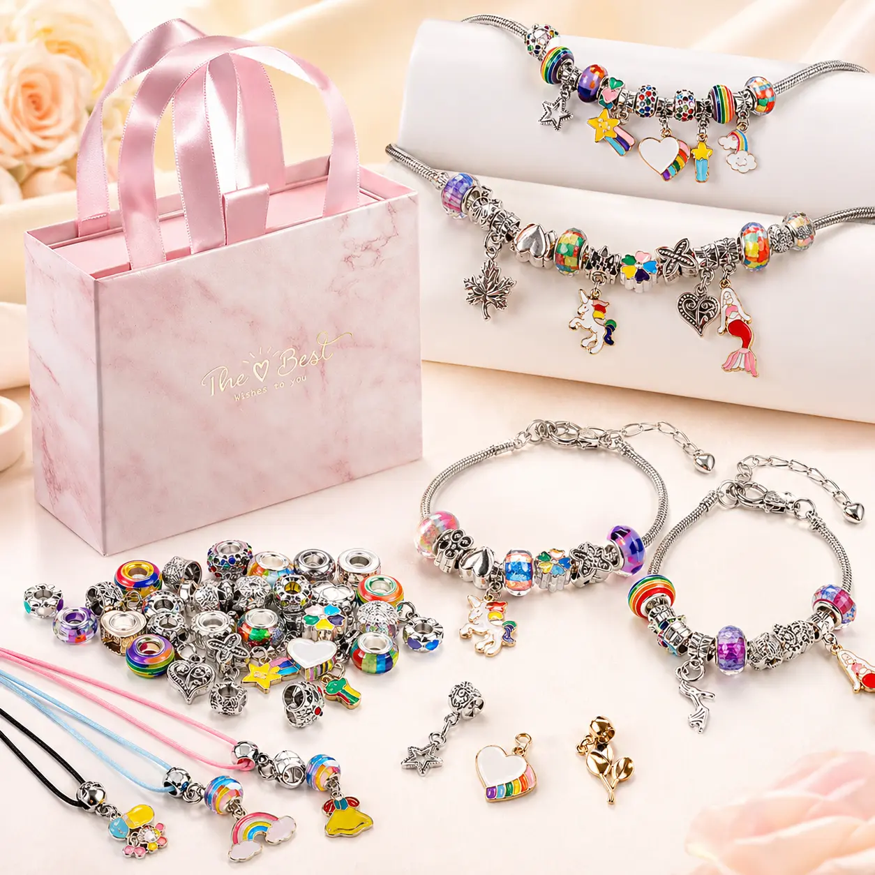 Bracelet Making Kit for Girls, Charm Bracelet Jewelry Making Kit with Beads, Unicorn Mermaid Star Charms & Gift Bag, DIY Craft Bracelet Set for Kids Ages 6-12