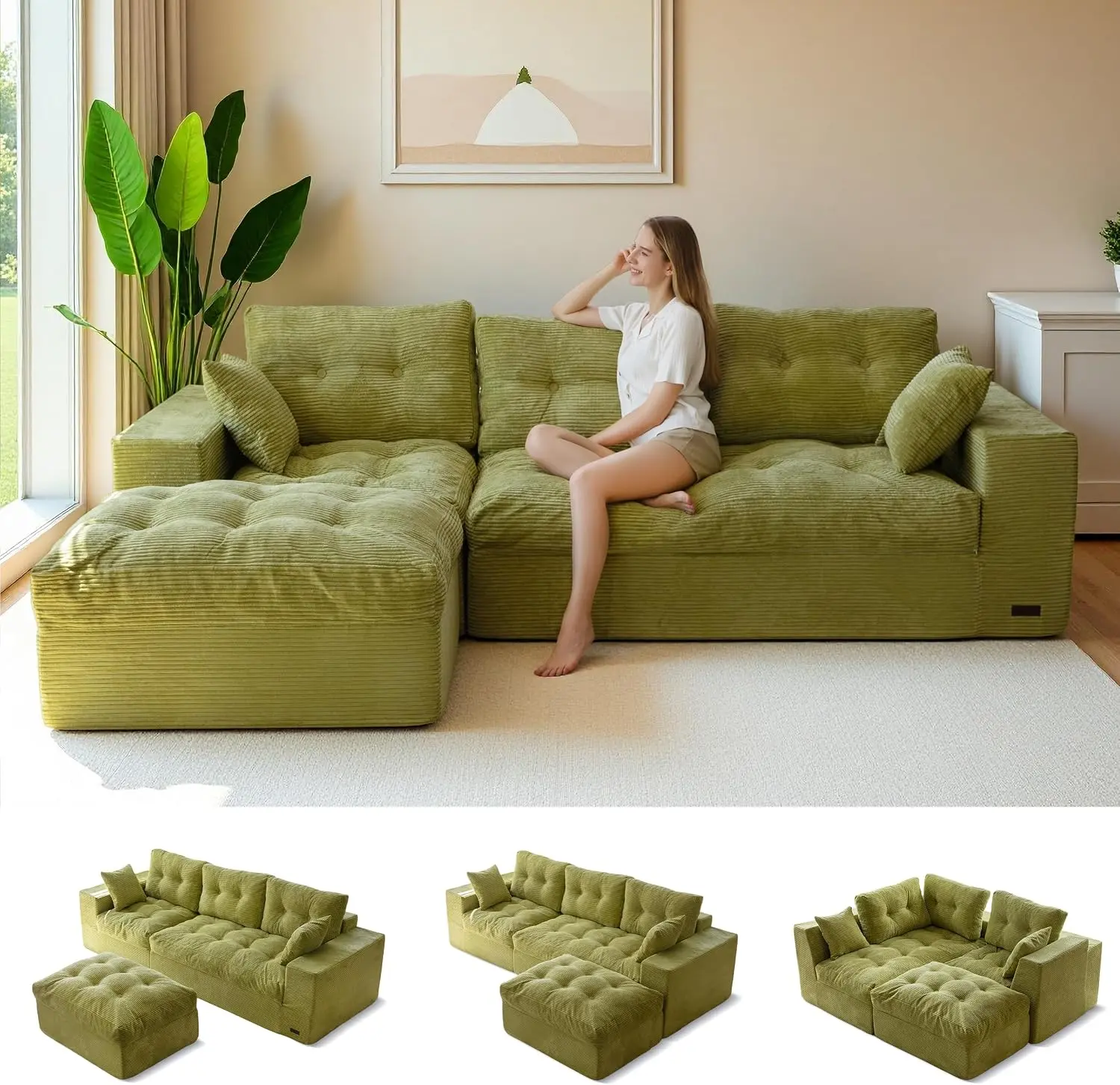 MAXYOYO Boneless Couch, 96-Inch L-Shaped Cloud Couch with Ottoman | Green Layered Cushioning and Flexible Modules Create an Upholstered Sofa in a Box with No Assembly for Spacious Living Rooms.