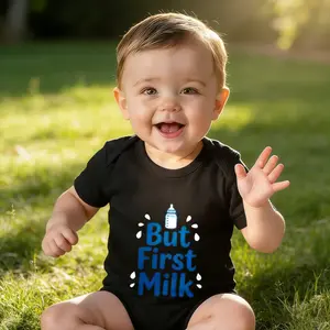 Funny But First Milk Bottle Baby Bodysuit | Soft Everyday Outfit for Newborns & Infants | Easy-Care Infant Jumpsuit Unisex Baby Modern Look Baby Clothes Casual Style, Crew Neck, Slight Stretch Fabric, for Outdoor