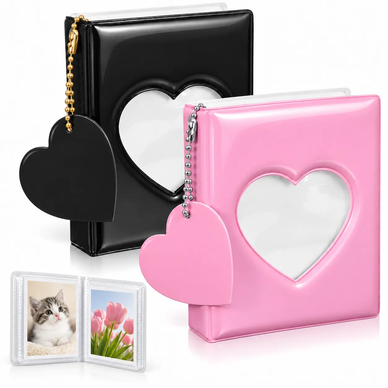 3 Inch Kpop Photocard Holder Book, Mini Photo Album Heart Hollow Card Binders with 20 Pockets Mirror-Like Photocard Binder Premium PVC with Heart Pendant